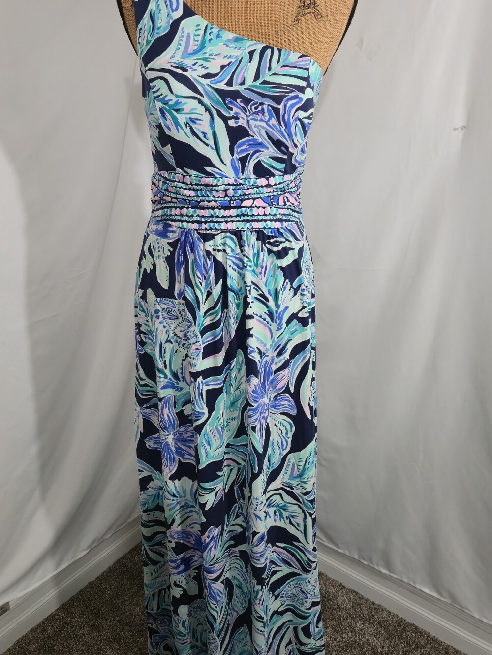 Lilly Pulitzer One-Shoulder Floral Maxi Dress in Navy, Teal & Light Blue